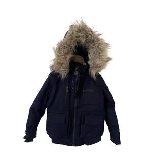 Awaknd Land Coat Boys Sz 5M Heavyweight Parka Navy Jacket Faux Fur Hood POCKETS